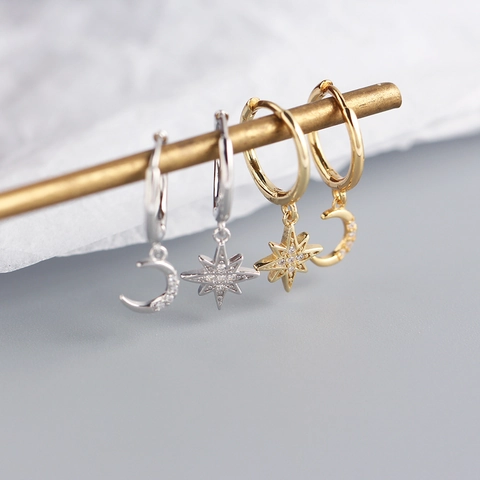 Star And Moon Asymmetric Hoop Earrings 925 Sterling Silver Cubic Zirconia Pave Minimalist Celestial Jewelry Women