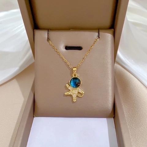 Collana Pendente Astronauta Pianeta Catena Acciaio Inossidabile Rame Zirconia Micro Pavé Cielo Stellato Gioielli Donna