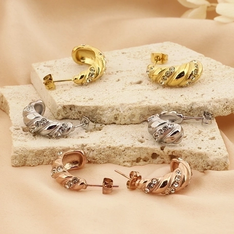 Orecchini A C Intrecciati Placcati Oro 18k Acciaio Inossidabile Strass Scintillanti Gioielli Vintage Francesi Donna