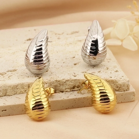 Pendientes Espirales Gota De Agua Acero Inoxidable Nervado Texturizado Metal Forma Coma Joyería Moda Elegante Mujer