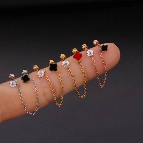 Boucles D'Oreilles Doubles En Acier Inoxydable Avec Chaîne Zircon Pentagramme Étoile Croix Piercing Cartilage Femmes