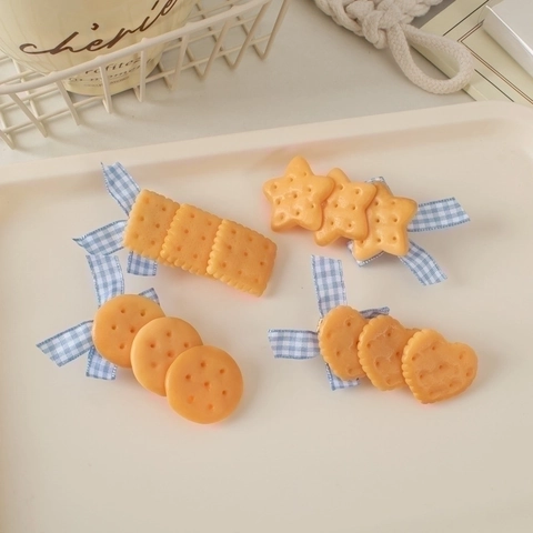 Cute Simulation Biscuit Hair Clips Resin Cookie Hairpins With Gingham Bow Knot Heart Star Shape For Women Girls Sweet