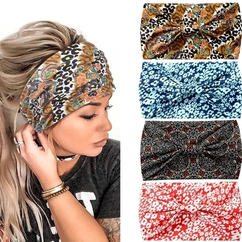 Women Bohemian Printed Wide Headband Elastic Knotted Hair Band For Yoga Sports Casual Polyester Fabric Headscarf