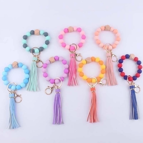 Porte Clés Bracelet Perles En Silicone Avec Perle En Bois Géométrique Et Gland En Cuir PU Anneau De Clé Pour Femmes