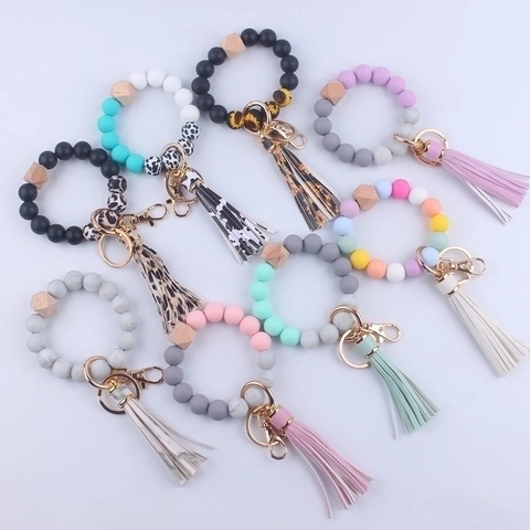 Llavero De Pulsera Con Cuentas Silicona Madera Estampado Leopardo Borla Pulsera Elástica Llavero Para Mujer