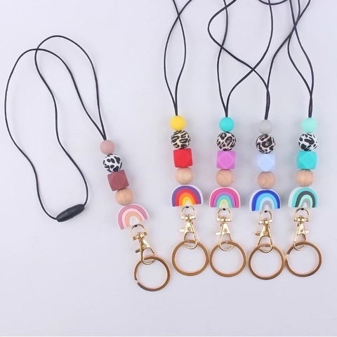 Handgefertigt Silikon Perlen Lanyard Schlüsselanhänger Regenbogen Anhänger ID Ausweishalter Perlen Halsband Für Damen Schlüssel Zubehör