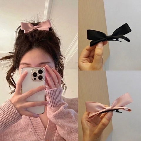 Pinza Para El Pelo Con Lazo De Satén De Color Sólido Horquilla De Pico De Pato Elegante Tocado De Tela Para Mujeres Y Niñas