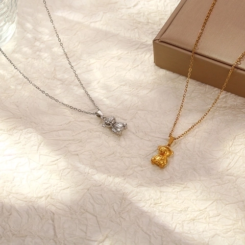 Collar Con Colgante De Mini Oso Acero Inoxidable Chapado En Oro De 18K Retro Moda Estereoscópico Joyería De Animal Para Mujeres