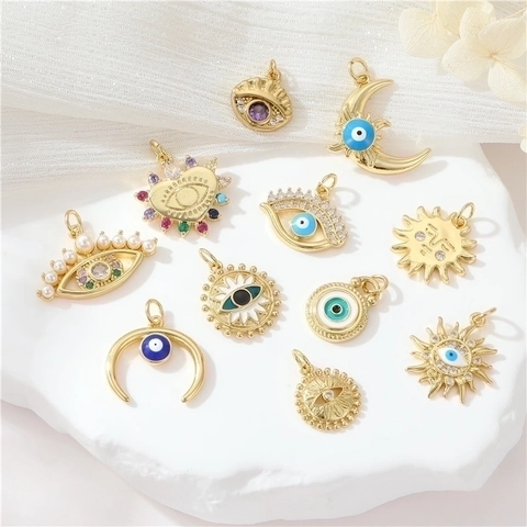 Evil Eye Anhänger Für Schmuckherstellung Kupfer Zirkon Emaille Charms Retro Sonne Mond Herzform DIY Halskette Zubehör