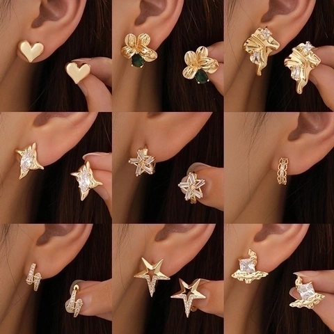 14K Vergoldete Kupfer Ohrringe Damen Geometrische Herz Stern Blumen Zirkonia Ohrclips Modeschmuck Set