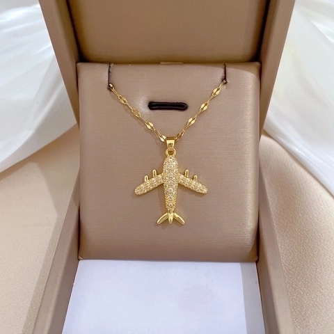 Vliegtuig Hanger Ketting Roestvrijstalen Ketting Koper Zirconia Gouden Sieraden Voor Dames