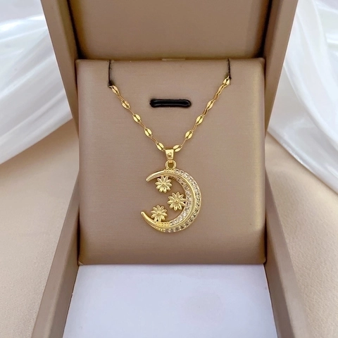 Crescent Moon Flower Pendant Necklace Titanium Steel Chain Copper Micro Inlaid Zircon Gold Elegant Jewelry For Women