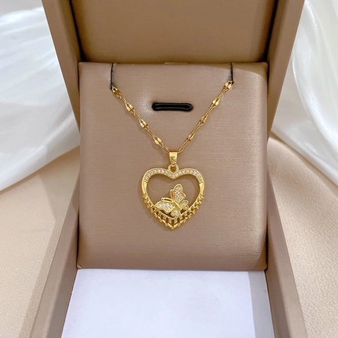Eleganter Edelstahlkette Kupfer Herz Schmetterling Halskette Zirkonia Gliederkette Hohl Design Damen Schmuck