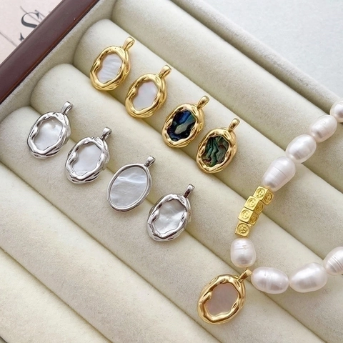 Natural Mother Of Artificial Pearl Abalone Shell Pendant Irregular Oval Hammered Gold Plated Alloy Charm For DIY Jewelry Making