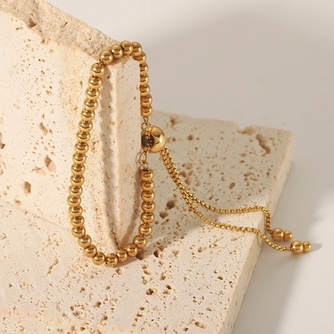 18K Vergoldetes Edelstahl Perlenarmband Für Damen Minimalistisches Verstellbares Schiebeverschluss Rundperlenkette Schmuck Geschenk
