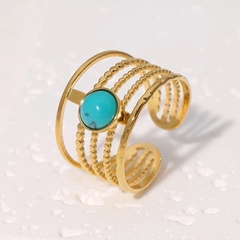 Multi Layer Verstellbarer Ring Goldbeschichtet Edelstahl Naturstein Türkis Boho Vintage Stil Für Damen