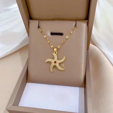 Collana Pendente Stella Marina Rotante Catena Acciaio Inossidabile Rame Zircone Gemma Rossa Gioielli Eleganti Donna