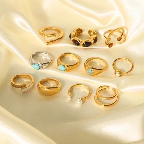 Stainless Steel Ring 18K Gold Plated French Retro Minimalist Turquoise Artificial Pearl Zirconia Adjustable Open Jewelry For Women