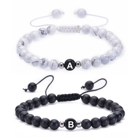 Natural White Turquoise Beaded Bracelet With Initial Letter Adjustable Braided Rope Jewelry Gift For Couples Unisex Style