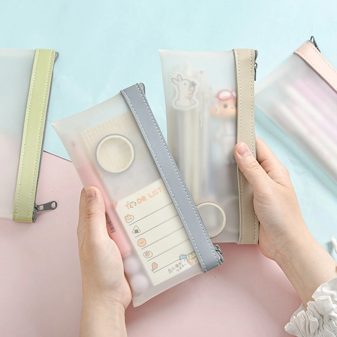 Large Capacity Frosted TPU Pencil Case With PU Leather Zipper Stationery Storage Pouch For School Office Students