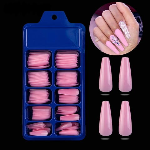 Unghie Finte Lunghe Coffin Press On Nails ABS Tinta Unita Forma Ballerina Unghie Artificiali Strumento Manicure Fai Da Te Donne