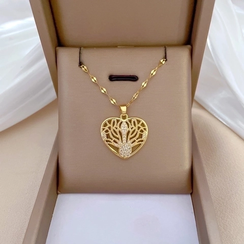 Herz Anhänger Halskette Gold Überzogen Edelstahlkette Kupfer Zirkon Lebensbaum Hohl Luxus Schmuck Für Damen