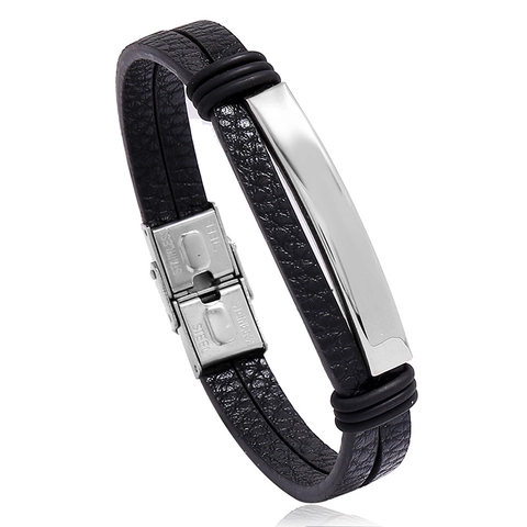 Braided PU Leather Bracelet With Stainless Steel Metal Plate Double Layer Punk Style Minimalist Jewelry For Men Women