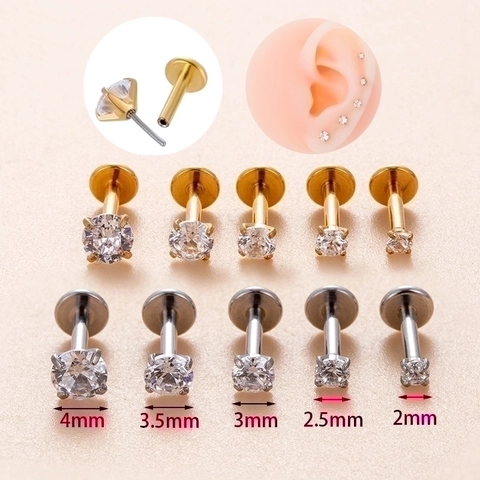 Stainless Steel Ear Cartilage Stud Piercing Jewelry Flat Back Round Zircon Four Claw Push Pin Minimalist Labret