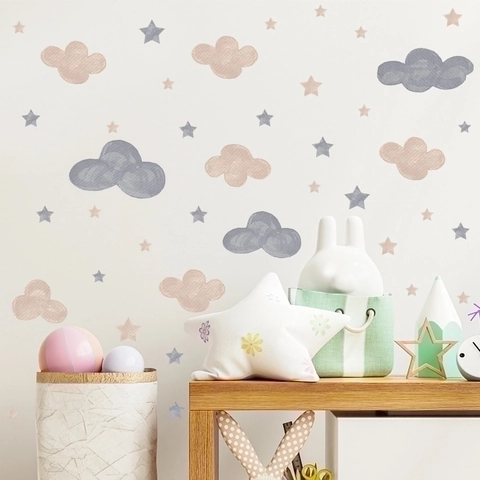 Adesivi Murali Nuvole E Stelle Acquerello PVC Rimovibile Autoadesivo Decorazione Per Cameretta Dei Bambini