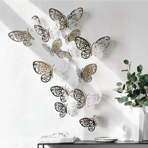 Pegatinas De Pared Mariposa Hueca 3D Textura Papel Metálico Decoración DIY Fiesta Boda Ornamento
