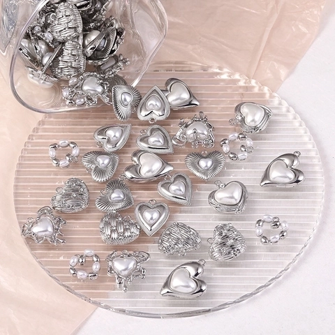 Heart Charms Pendants Alloy Imitation Artificial Pearl Rhinestone Silver Color For DIY Jewelry Making Necklaces Accessories