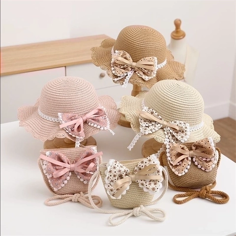 Girls Children Straw Sun Hat And Crossbody Bag Floral Bow Lace Trim Summer Beach Sunshade Breathable Princess Style