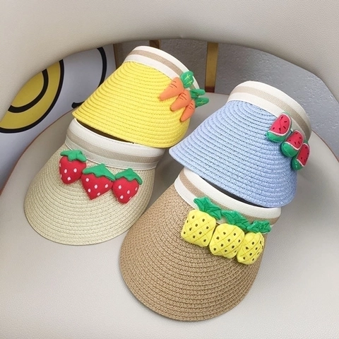 Kinder Sommer Sonnenhut Stroh Visier Atmungsaktiv Offen Oben Cartoon Frucht Ananas Erdbeere Deko Outdoor Strand