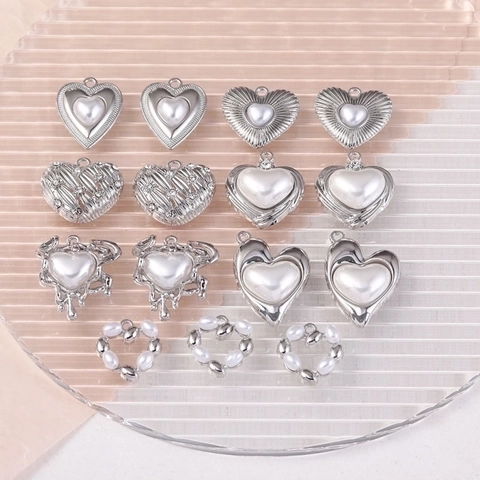 Heart Charms Pendants Alloy Imitation Artificial Pearl Rhinestone Silver Color For DIY Jewelry Making Necklaces Accessories