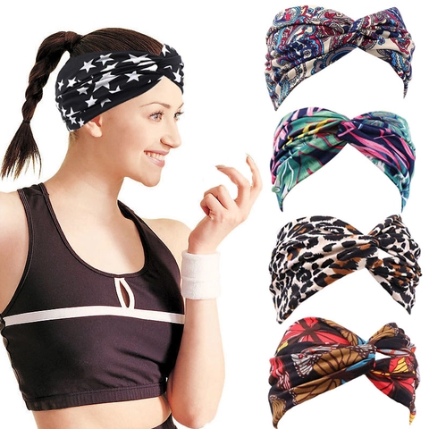 Women Wide Headband Elastic Fabric Twisted Knot Crisscross Hairband Yoga Sports Floral Print Bohemian Turban