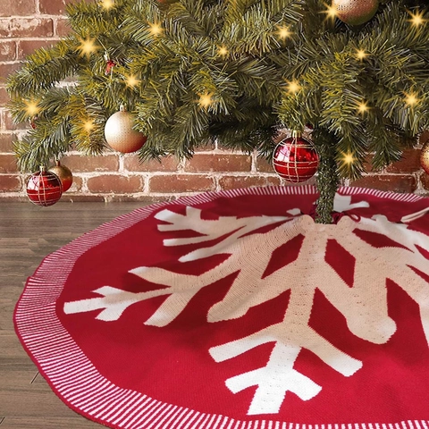 Knitted Christmas Tree Skirt Large Snowflake Pattern Wine Red White Striped Trim Holiday Festive Tree Decoration