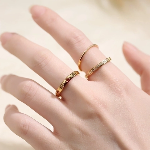 Stainless Steel Ring Single Row Rhinestone Pave Ultra Thin Star Engraved Minimalist Band Jewelry For Women