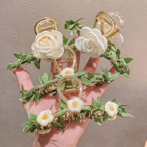 Molletta Per Capelli Con Fiori Foglie Lega Tessuto Antiscivolo Grande Artiglio Per Capelli Retro Francese Romantico Floreale