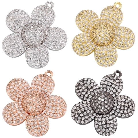 Sunflower Flower Charm Pendant 3D Full Pave Zirconia Brass Gold Plated DIY Jewelry Making Accessory For Necklace