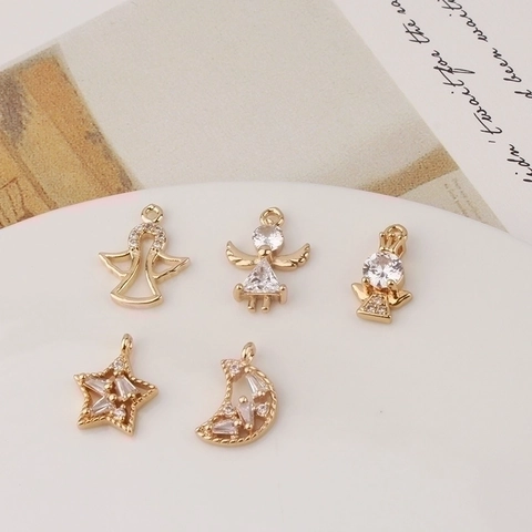 Pendentifs Ange Étoile Lune Cuivre Plaqué Or Micro Pavé Zircone Pour Création De Bijoux DIY Collier Bracelet Pendants