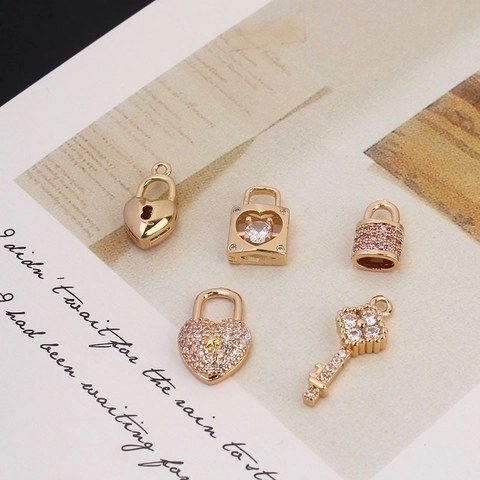 Gold Plated Copper Key And Heart Lock Charms With Zircon Pendants For DIY Jewelry Making Accessories Handmade Earring Parts