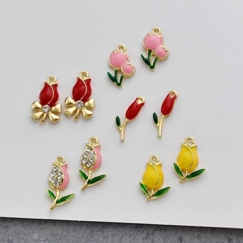 Tulip Flower Charms Alloy Enamel Rose Bud Pendants With Rhinestone For DIY Jewelry Making Crafts Earrings Hair Jewelry