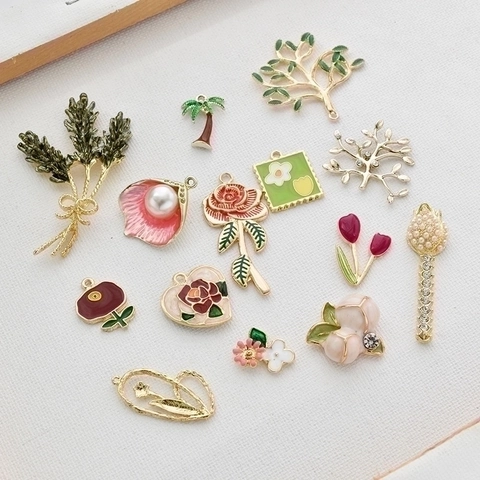 Alloy Enamel Flower Plant Charms Pendants DIY Jewelry Making Components Tulip Coconut Tree Rhinestone Imitation Artificial Pearl