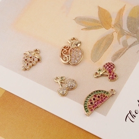 Fruit Shape Colorful Zircon Pendants Copper Gold Plated DIY Jewelry Making Charms Apple Cherry Grape Watermelon
