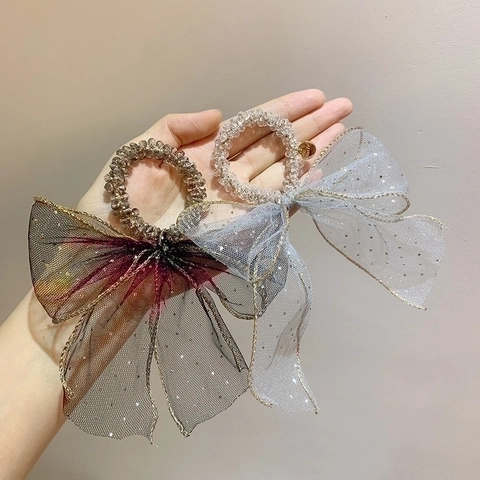 Chouchou Noeud En Tulle Avec Perles De Cristal Paillettes Bord Doré Élastique Style Fée Support Queue De Cheval