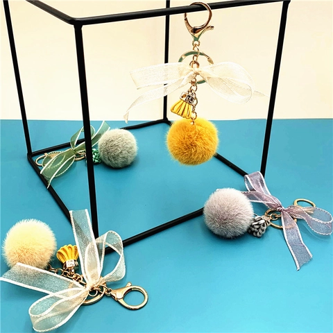Schattige Kunstbont Pompom Sleutelhanger Met Organza Strik En Kwastje Voor Tas Auto Sleutelring Zacht Accessoire