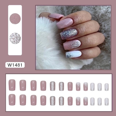 Unghie Finte Quadrate Press On Glitter Sfumato Rosa Argento Bianco Punte Per Nail Art Brillanti Per Donne Manicure
