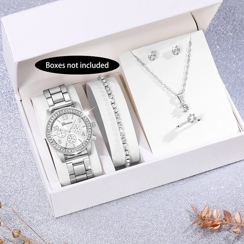 Geneva Women Luxury Quartz Watch With Rhinestone Necklace Bracelet Earrings Ring Fashion Alloy Accessories No Box Gold Silver Rose Gold