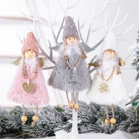 Christmas Angel Hanging Ornaments Plush Dolls With Knitted Hat And Wood Beads For Home Tree Decoration