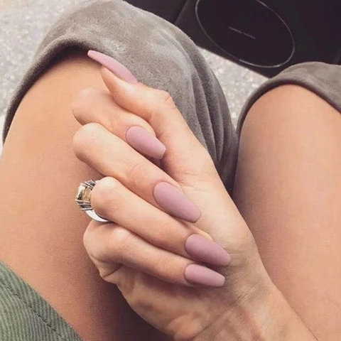 Matte Pink Long Coffin Press On Nails Ballerina Shape Removable Artificial False Nail Tips Solid Color Full Cover